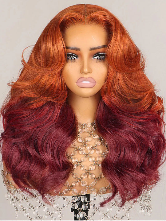 Ombre Ginger Brown Curtain Bangs 3D Body Wave Wig Pull & Go Drawstring Glueless Wig