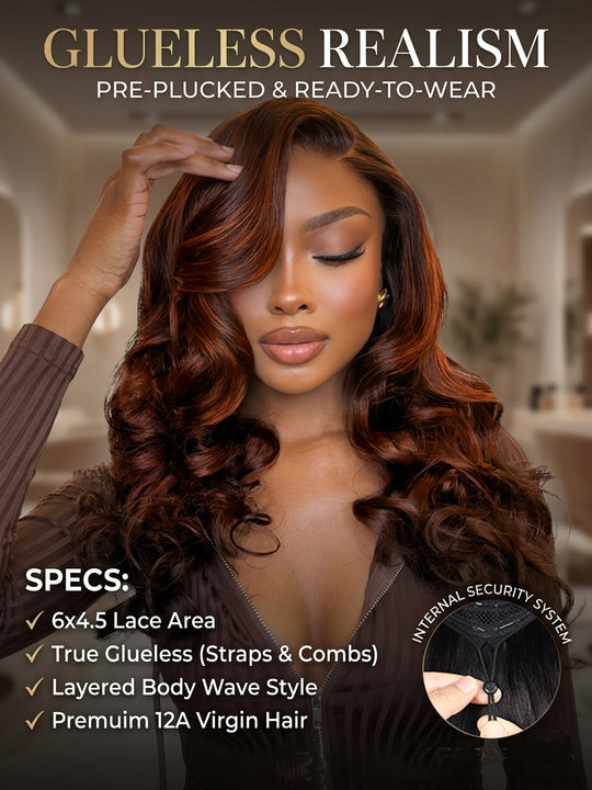 Pre Layered Ginger Orange Highlights On Brown Hair Glueless Loose Body Wave Wig 250% Density Human Hair Wig
