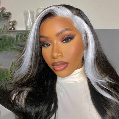 Gray Skunk Stripe Wig Highlights Body Wave 13x4 HD Lace Front Human Hair Wigs - KissLove Hair