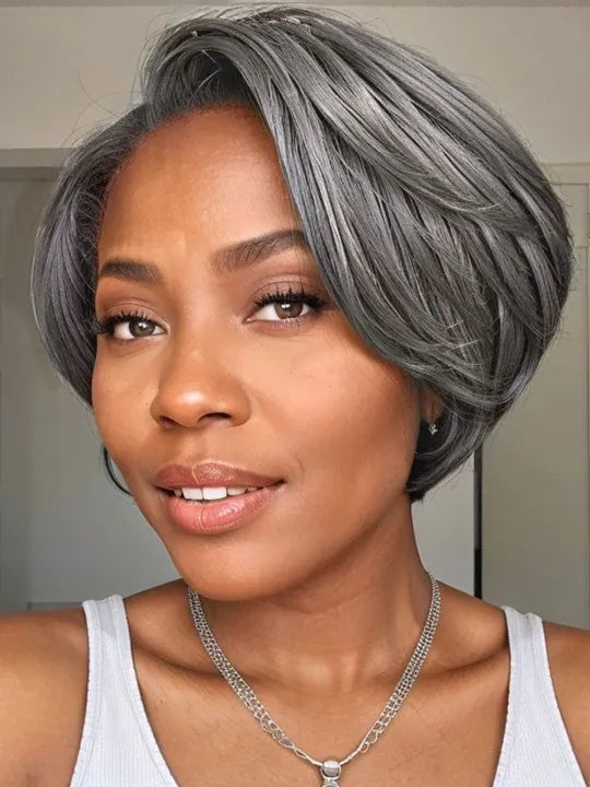 [Clearance Sale] Gray Hair Pixie Cut Pre Plucked Human Hair Short Bob Wigs