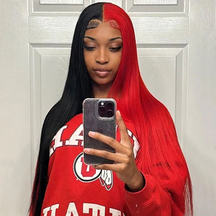 Half 613 Blonde Half Red Hair Bone Straight 5x5/13x4 Lace Human Hair Wigs 180% Density - KissLove Hair