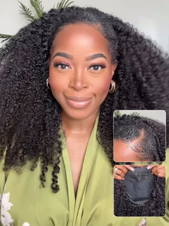 [3 In 1 Half Wig] 4C Kinky Edge Afro Curly Flip Over Pull Go Drawstring Protective Half Wig Beginner Friendly