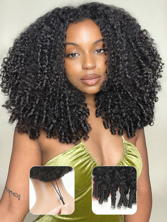 [3 In 1 Half Wig] Burmese Curly Glueless Half Wig With Elastic Drawstring Seamless Flip Over Wig