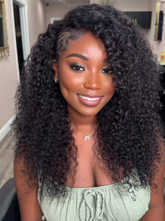 [3 In 1 Half Wig] Drawstring Cap Kinky Curly Hair Afforadble Glueless Human Hair Wigs