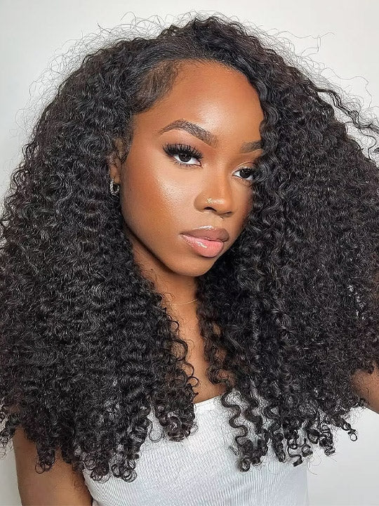 [3 In 1 Half Wig] Drawstring Cap Kinky Curly Hair Afforadble Glueless Human Hair Wigs