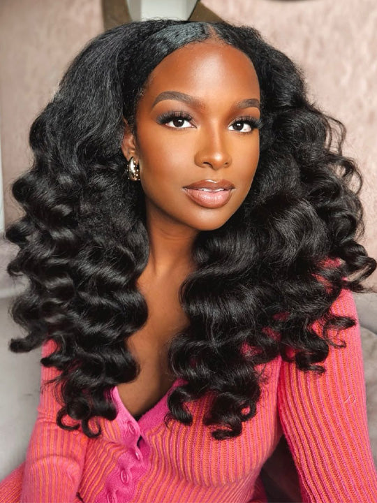 [3 In 1 Half Wig] Kinky Edge Kinky Straight Hair Beginner Friendly Glueless Drawstring Cap Half Wig