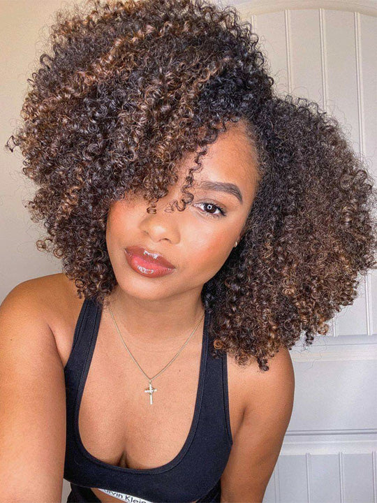 [3 In 1 Half Wig] Mix Brown Highlight Water Wave Glueless Invisi Drawstring Cheap Human Hair Wig