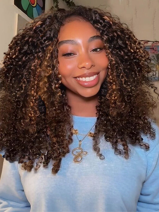 [3 In 1 Half Wig] Mix Brown Highlight Water Wave Glueless Invisi Drawstring Cheap Human Hair Wig