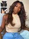 [3 In 1 Half Wig] Flip Over Half Wig Ombre Brown Yaki Straight Human Hair Wigs