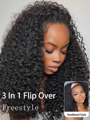 [3 In 1 Half Wig] Flip Over 4C Kinky Edge Glueless Water Wave Invisi Drawstring Ready To Go Wig - KissLove Hair