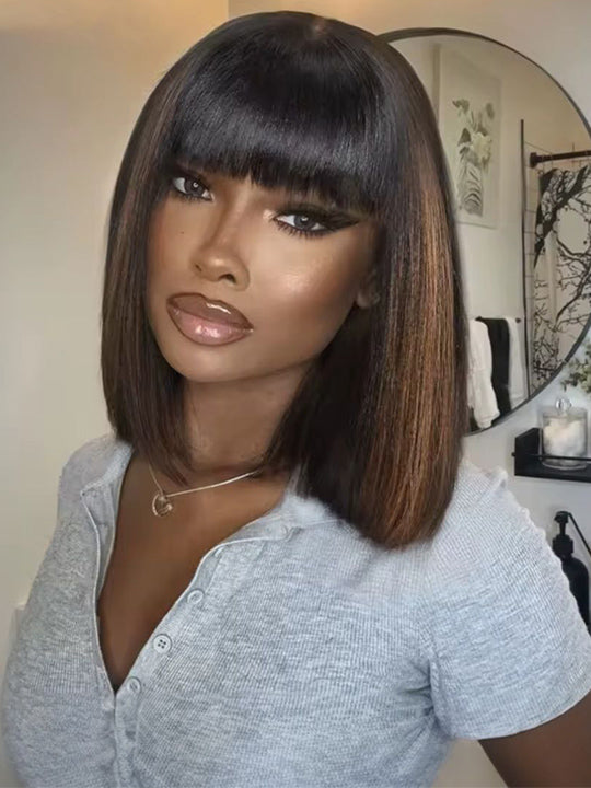 Dark Brown Straight Bob Human Hair Lace Front Wigs  display picture 1