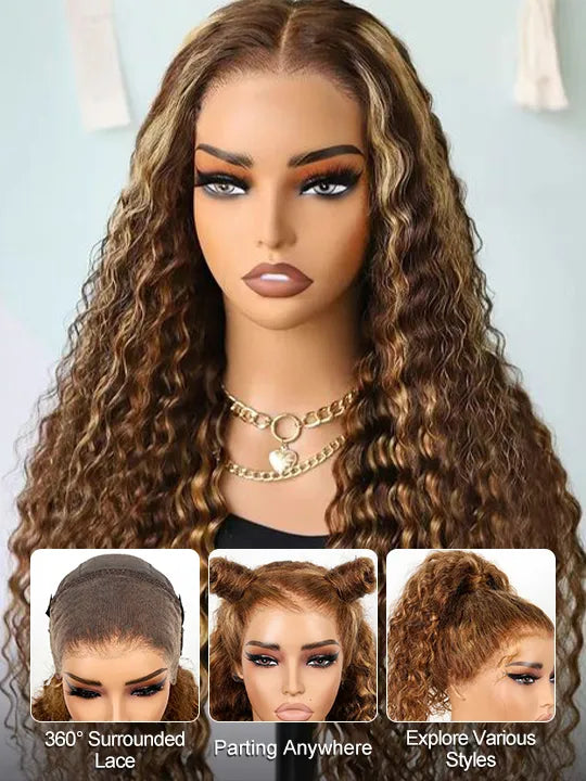 Kisslove Upgraded Invisi-Drawstring 360 Lace Wig Deep Wave Brown Highlights Human Hair Wigs - Kisslove Hair