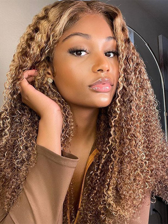 Kisslove Honey Blonde Highlights Kinky Curly Invisi-Drawstring 360 Glueless Lace Wig