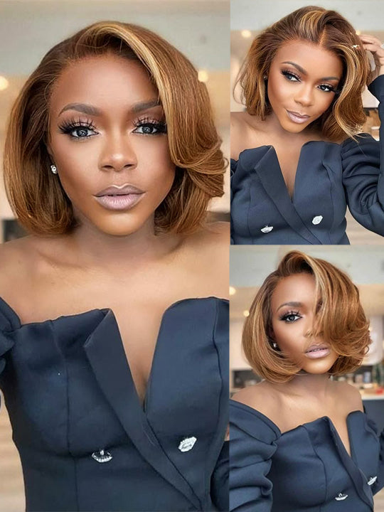Pre Layered Yaki Straight Pixie Cut Bob Wig 6x4.5 Glueless Honey Blonde Highlight Short Bob Wigs