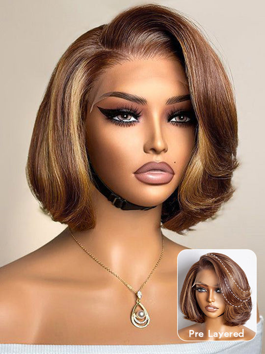 Pre Layered Yaki Straight Pixie Cut Bob Wig 6x4.5 Glueless Honey Blonde Highlight Short Bob Wigs