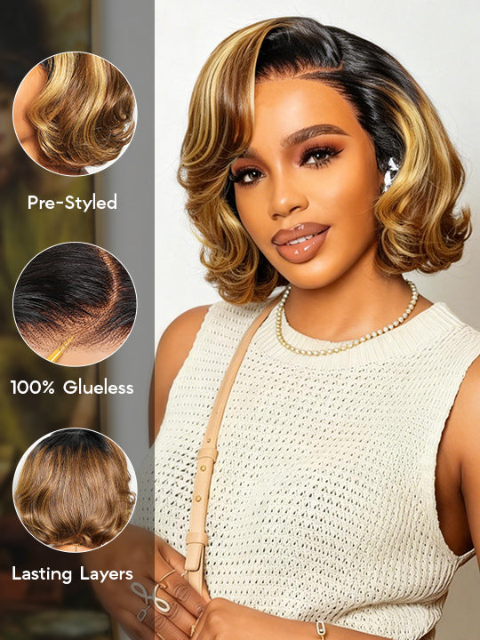 7x5 Closure Lace Peacock Curls Brown Highlight Ombre Bob Wig StayLock™ Contour Structure Glueless Wig 720° Snug Fit Pre-Everything Human Hair Wigs
