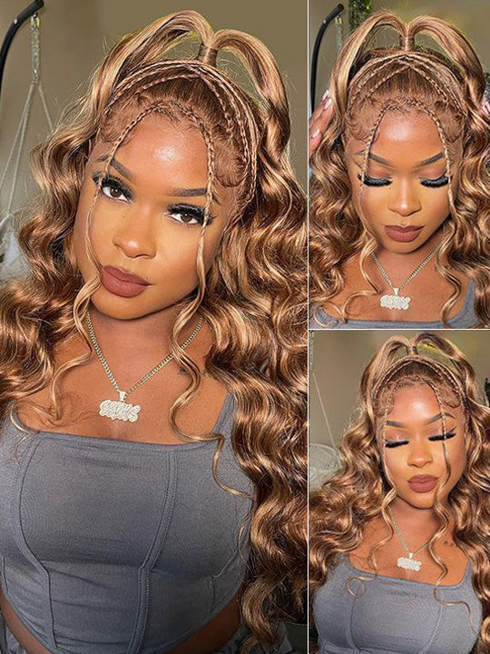 Kisslove Honey Blonde Highlights Body Wave Invisi-Drawstring Snug Fit 360 Lace Wig Glueless Human Hair Wigs