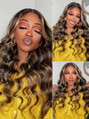 KissLove 360 Lace Wig Honey Blonde Highlight on Black Hair Body Wave Wig with Invisi-Drawstring