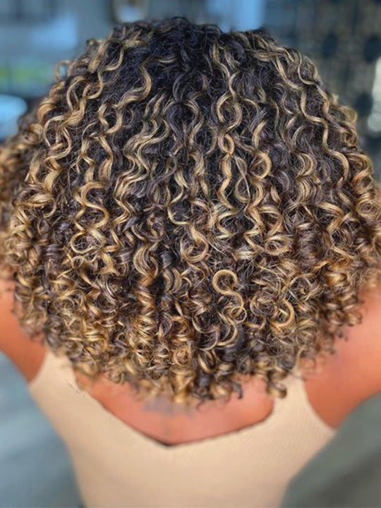 [3 In 1 Half Wig] Honey Blonde Highlights on Black Hair Kinky Curly Flip Over Glueless Half Wig