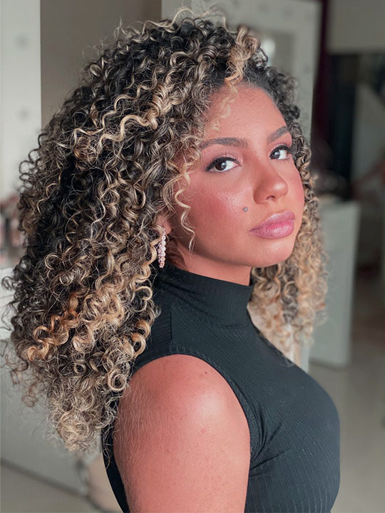 [3 In 1 Half Wig] Honey Blonde Highlights on Black Hair Kinky Curly Flip Over Glueless Half Wig