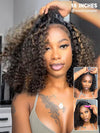 [3 In 1 Half Wig] Honey Blonde Highlights on Black Hair Kinky Curly Flip Over Glueless Half Wig