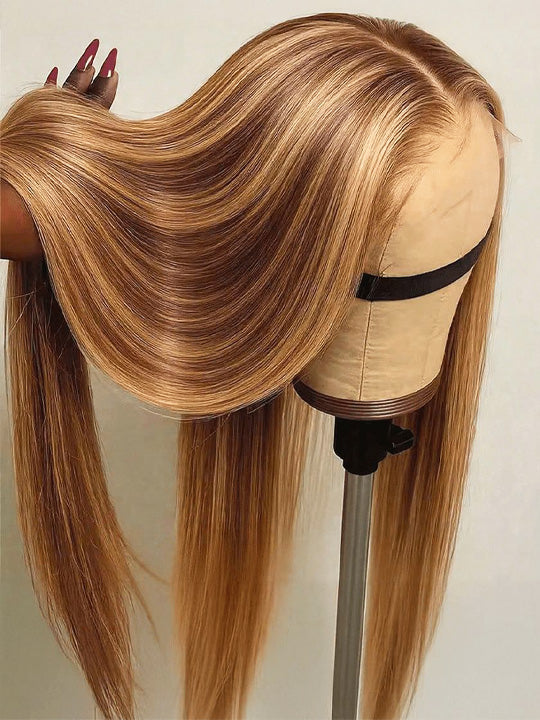 Kisslove Brown Highlights Straight Human Hair Wigs Pre-bleached Invisi Strap Snug Fit 360 Lace Frontal Wig - Kisslove Hair