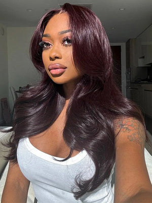 Kisslove Glueless Invisi-Drawstring 360 Lace Wig Dark Plum Color Curtain Bangs & Layered Body Wave Wig - Kisslove Hair