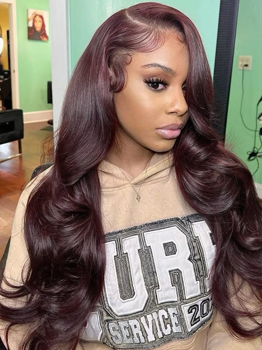 Burgundy Hair Color 3D Body Wave 13x4 Lace Frontal Wig Black Cherry Dark Burgundy Human Hair Wigs - KissLove Hair