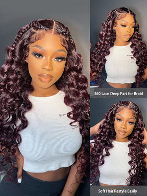Kisslove Glueless Invisi-Drawstring 360 Lace Wig Dark Plum Color Curtain Bangs & Layered Body Wave Wig - Kisslove Hair