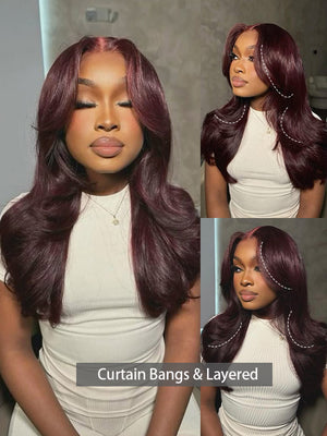 Kisslove Glueless Invisi-Drawstring 360 Lace Wig Dark Plum Color Curtain Bangs & Layered Body Wave Wig - Kisslove Hair
