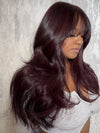 Kisslove Glueless Invisi-Drawstring 360 Lace Wig Dark Plum Color Curtain Bangs & Layered Body Wave Wig