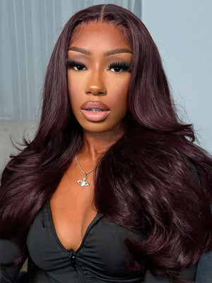 Kisslove Glueless Invisi-Drawstring 360 Lace Wig Dark Plum Color Curtain Bangs & Layered Body Wave Wig - Kisslove Hair