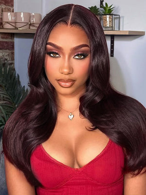 Kisslove Glueless Invisi-Drawstring 360 Lace Wig Dark Plum Color Curtain Bangs & Layered Body Wave Wig - Kisslove Hair
