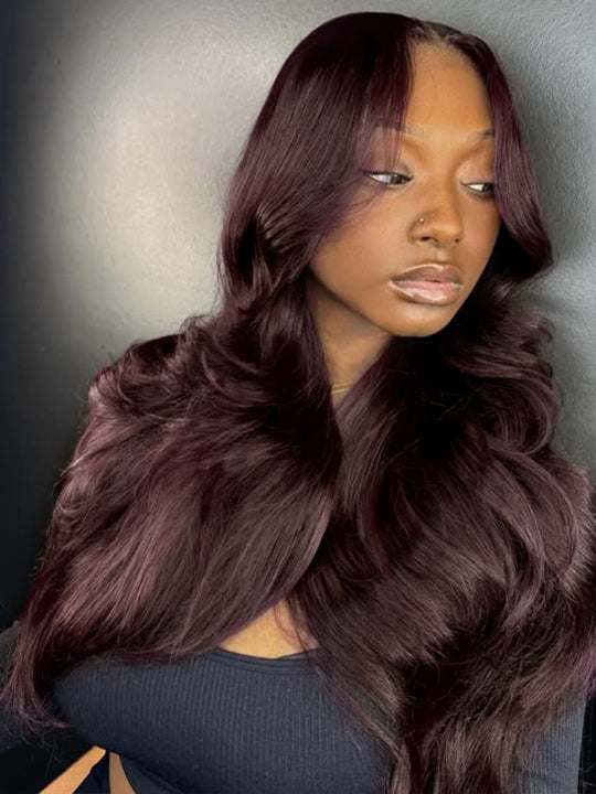 Kisslove Glueless Invisi-Drawstring 360 Lace Wig Dark Plum Color Curtain Bangs & Layered Body Wave Wig