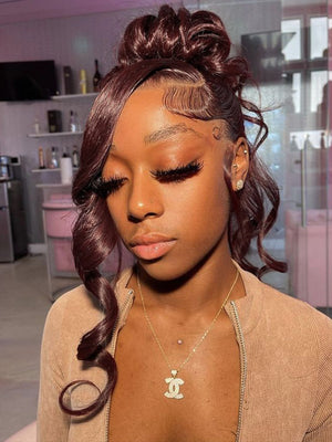 Kisslove Glueless Invisi-Drawstring 360 Lace Wig Dark Plum Color Curtain Bangs & Layered Body Wave Wig - Kisslove Hair