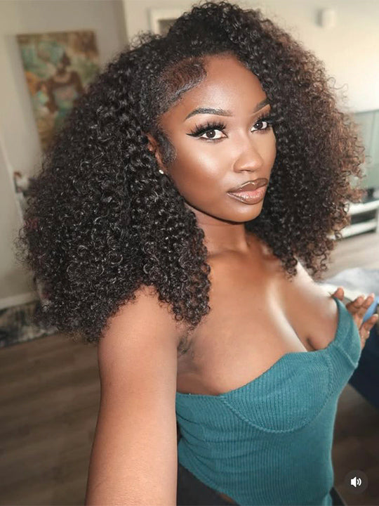 [3 In 1 Half Wig] Drawstring Cap Kinky Curly Hair Afforadble Glueless Human Hair Wigs