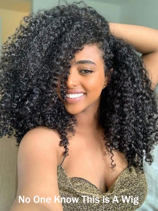 [3 In 1 Half Wig] Drawstring Cap Kinky Curly Hair Afforadble Glueless Human Hair Wigs