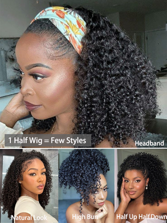 [3 In 1 Half Wig] Drawstring Cap Kinky Curly Hair Afforadble Glueless Human Hair Wigs