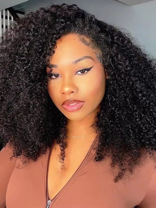 [3 In 1 Half Wig] Drawstring Cap Kinky Curly Hair Afforadble Glueless Human Hair Wigs