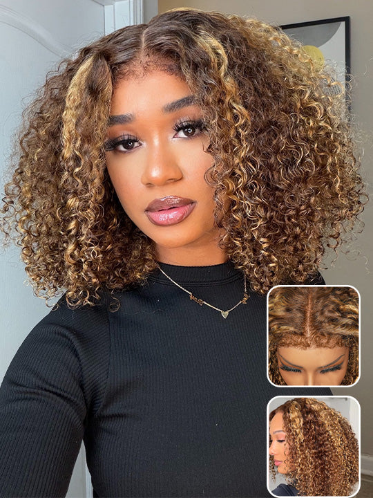 4C Kinky Edge Honey Blonde Highlights Kinky Curly 7x5 Glueless Lace Frontal Wig Kisslove Hair