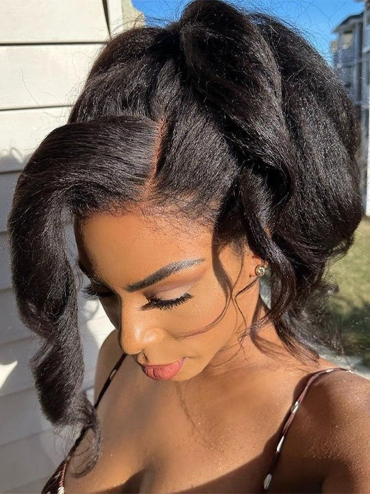 Pre Everything Kinky Straight Hair With Kinky Edges Human Hair Pull & Go Drawstring Wig