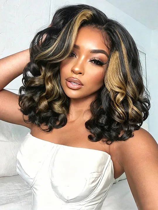 Big Blowout Kinky Hair Body Wave Pre Styled Bob Wig Glueless Side Part Short Bob Wigs