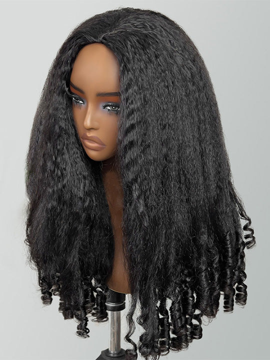 [3 In 1 Half Wig] Kinky Straight Hair with Spiral Curly Ends Half Wig Glueless Flip Over Wig