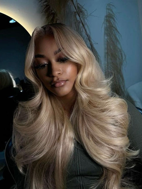 Ash Blonde Hair With Curtain Bangs Wig Glueless 5x5 Lace Front Wigs 3D Body Wave - Kisslove Hair