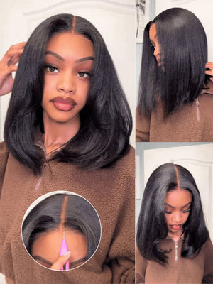Kisslove Hair 300% Density 7x5 Bye Bye Knots Layered Yaki Straight Short Bob Wig Invisi Drawstring Glueless Bob Wigs - KissLove Hair