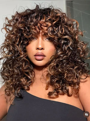 Bouncy Natural Wave Wig with Bangs Glueless 3x1 Lace Pull & Go Drawstring Wig - KissLove Hair