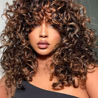 Bouncy Natural Wave Wig with Bangs Glueless 3x1 Lace Pull & Go Drawstring Wig - KissLove Hair