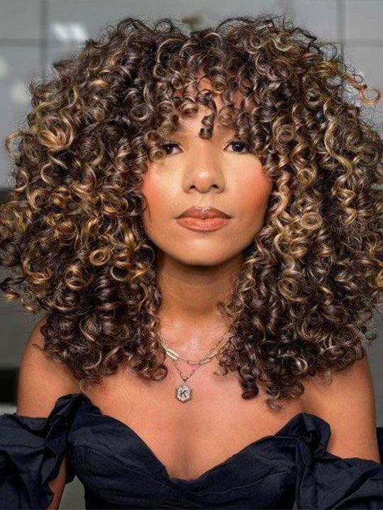 Bouncy Natural Wave Wig with Bangs Glueless 3x1 Lace Pull & Go Drawstring Wig