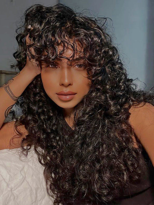 Bouncy Natural Wave Wig with Bangs Glueless 3x1 Lace Pull & Go Drawstring Wig