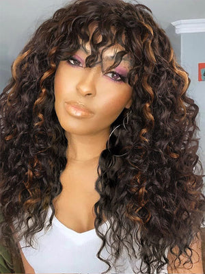 Bouncy Natural Wave Wig with Bangs Glueless 3x1 Lace Pull & Go Drawstring Wig - KissLove Hair